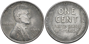 США 1 цент 1943 Авраам Линкольн KM 132 a сталь плакированная цинком 4594-323