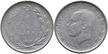 Турция 1 лира 1959 Мустафа Кемаль Ататюрк KM 889а.1 нержавеющая сталь 4541-227