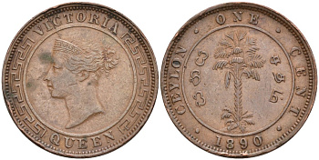 Цейлон 1 цент 1890 Королева Виктория (1845-1901) KM 92 медь 190-653