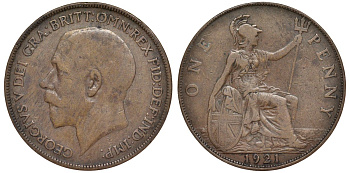 Великобритания 1 пенни 1921 Георг V (1910-1936) KM 810, Spink 4051 бронза 4123-1134