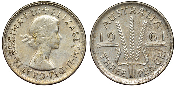Австралия 3 пенса 1961 m, Елизавета II (1952-2022) KM 57 серебро 71-166