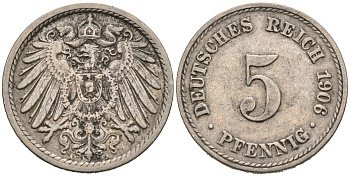 ГЕРМАНИЯ 5 ПФЕННИГОВ 1906 A, KM 11, J. 12 медно-никель 75-955