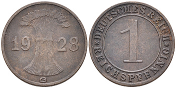 ГЕРМАНИЯ 1 РЕЙХСПФЕННИГ 1928 G KM 37, J.313 бронза 4588-342
