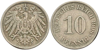 ГЕРМАНИЯ 10 ПФЕННИГОВ 1908 A KM 12, J. 13 медно-никель 31-336