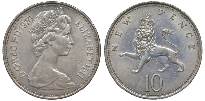 Великобритания 10 пенсов 1970 Елизавета II (1952-2022) KM 912, Spink 4231 (F1) медно-никель 4131-333