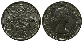Великобритания 6 пенсов 1966 Елизавета II (1952-2022) KM 903, Spink 4149 медно-никель 4381-848