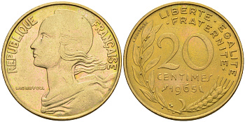 Франция 20 сантимов 1965 тип Марианна KM 930 медь алюминий никель 4116-515