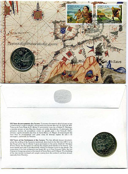 Португалия 100 эскудо 1989 серия золотой век португальских открытий, 550 лет открытия Азорских островов, в конверте, с марками первого дня гашения KM 648 медно-никель UNC 5-4-3-66