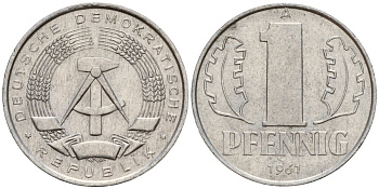 ГДР 1 пфенниг 1961 A KM 8.1 алюминий 39-1132