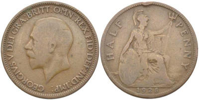 Великобритания 1/2 пенни 1928 Георг V (1910-1936) KM 837 Spink 4058 бронза 110-226