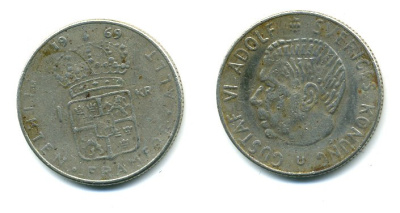 Швеция 1 крона 1969 Густав VI Адольф (1950-1973) KM 826a медь плакированная медно-никелем 29-244