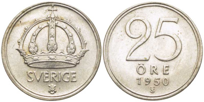 Швеция 25 эре 1950 TS, Густав V (1907-1950) KM 816 серебро 116-1149