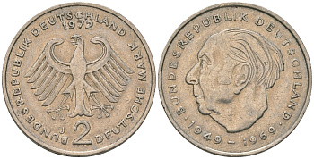 ФРГ 2 марки 1972 J, Теодор Хойс, 20 лет Федеративной Республике KM A127 медно-никель 4557-1143