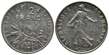 Франция 1/2 франка 1986 сеятель KM 931.1, Le Franc 198.25 никель 3458-168