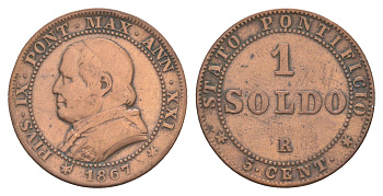 Папская область 1 сольдо 1867 Пий IX KM 1372.2 медь 4646-516