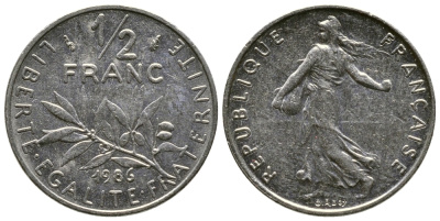 Франция 1/2 франка 1986 сеятель KM 931.1, Le Franc 198.25 никель 3458-168