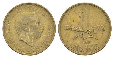 Дания 1 крона 1943 N, Кристиан X (1912-1947) KM 835 алюминиевая бронза 4638-653