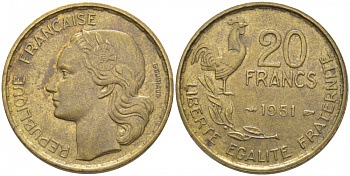 ФРАНЦИЯ 20 ФРАНКОВ 1951 ПЕТУХ, 4 ПЕРА KM 917.1, LE FRANC 402.7 алюминиевая бронза 3856-424