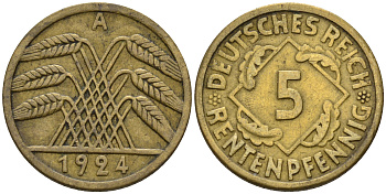 Германия 5 рентенпфеннигов 1924 А KM 32, J. 308 алюминиевая бронза    4596-313