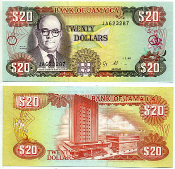 Ямайка 20 долларов 1995 1 ФЕВРАЛЯ 1995, НОЭЛЬ НЬЮТОН НЕЗЕРСОЛЕ Pick 72e бумага XF 6299-29-3-2