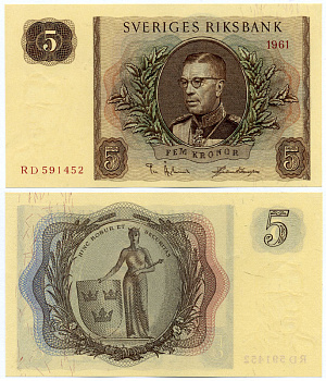 Швеция 5 крон 1961 RD Pick 42f бумага UNC (пресс) 7486-29-1-2