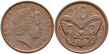 Новая Зеландия 10 центов 2006 Елизавета II (1952-2022), маска маори KM 117а сталь плакированная медью 117-121