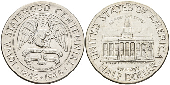 США 1/2 доллара (50 центов) 1946 100 лет штату Айова, здание первого Капитолия в Айове KM 197 серебро 11-116-12