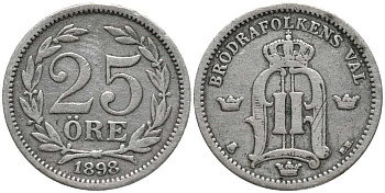 Швеция 25 эре 1898 EB, Оскар II (1872-1907) король Швеции и Норвегии KM 739 (531) серебро 201-1116