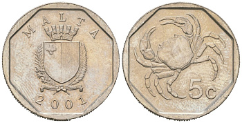 Мальта 5 центов 2001 KM 95 медно-никель aUNC 4528-1227