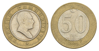 Турция 50 курушей 2005 Кемаль Ататюрк KM 1168 биметалл 4633-332