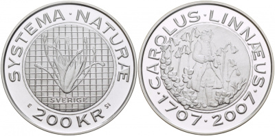Швеция 200 крон 2007 Карл XVI Густав (1973- ), 300 лет со дня рождения Карлу Линнею KM 923 серебро UNC 00-000-00