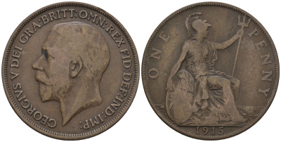 Великобритания 1 пенни 1915 Георг V (1910-1936) KM 810, Spink 4051 бронза 4607-1212