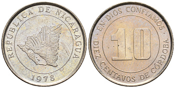 Никарагуа 10 сентаво 1978 карта страны KM 31 медно-никель  UNC  220-1231