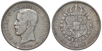 Швеция 2 кроны 1929 G, Густав V (1907-1950) KM 787 серебро 4117-721