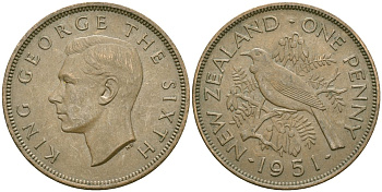 Новая Зеландия 1 пенни 1951 Птица Туи, Король Георг VI (1937 - 1952) KM 21 бронза 4536-421
