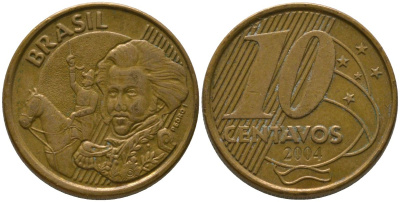 Бразилия 10 сентаво 2004 KM 649, Schon 157 сталь плакированная бронзой 4523-736