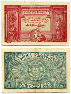 Португалия 5 сентаво бронзовых 1918 Casa da Moeda, красная Pick 98 бумага 7220-38-1-1