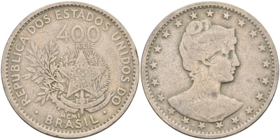 Бразилия 400 рейс 1901 голова свободы вправо KM 505 медно-никель 4367-214