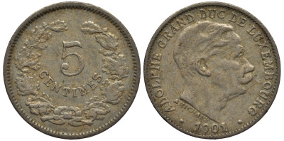 Люксембург 5 сантимов 1901 герцог Адольф (1890-1905) KM 24 медно-никель 4528-267