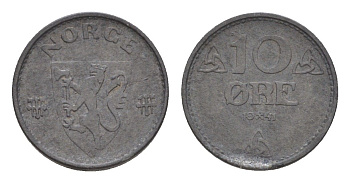 Норвегия 10 эре 1941 Хокон VII (1905-1957) KM 389 цинк 4632-1129