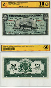 Тринидад и Тобаго 5 долларов = 1 фунт 10 пенсов 1920 Королевский Банк Канады, 2 января 1920, пароход, подпись H.S. HOLT, образец, номер 000000, префорация, справа внизу Specimen, в холдере компании ZG. Сохранность 10 Pick S151 бумага UNC (пресс) 10-2-8