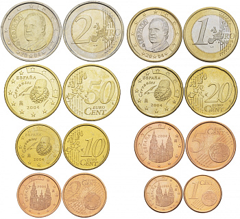 Испания полный евронабор из 8 монет 2004 1, 2, 5, 10, 20, 50 евроцентов, 1 и 2 евро KM 1040, 1041, 1042, 1070, 1071, 1072, 1073, 1074 N6-06