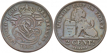 БЕЛЬГИЯ 2 САНТИМА 1902 BELGES KM 35.1 медь 110-153