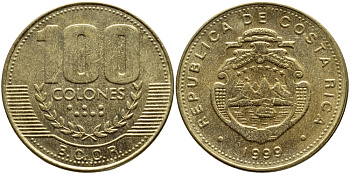 КОСТА-РИКА 100 КОЛОН 1999 B.C.C.R., ГОД ТИП KM 230а.1 латунь 54-2624