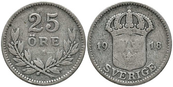 Швеция 25 эре 1918 W, Густав V (1907-1950), маленькая 8 КМ 785 серебро 201-1052