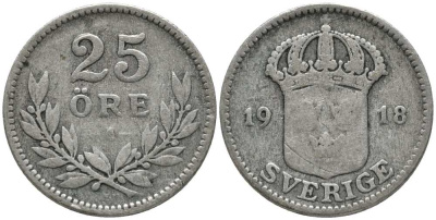 Швеция 25 эре 1918 W, Густав V (1907-1950), маленькая 8 КМ 785 серебро 201-1052