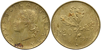 Италия 20 лир 1972 R, дубовая ветвь KM 97.2 алюминиевая бронза 4171-857