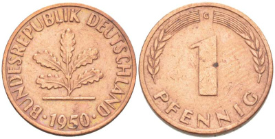 ФРГ 1 ПФЕННИГ 1950 G KM 105, J.380 сталь плакированная медью 206-1128