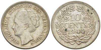 Нидерланды 10 центов 1944 Вильгельмина (1890-1948) KM 163 серебро aUNC 66-1249