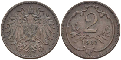 АВСТРИЯ 2 ГЕЛЛЕРА 1907 ФРАНЦ ИОСИФ (1846-1918) KM 2801 бронза 201-958